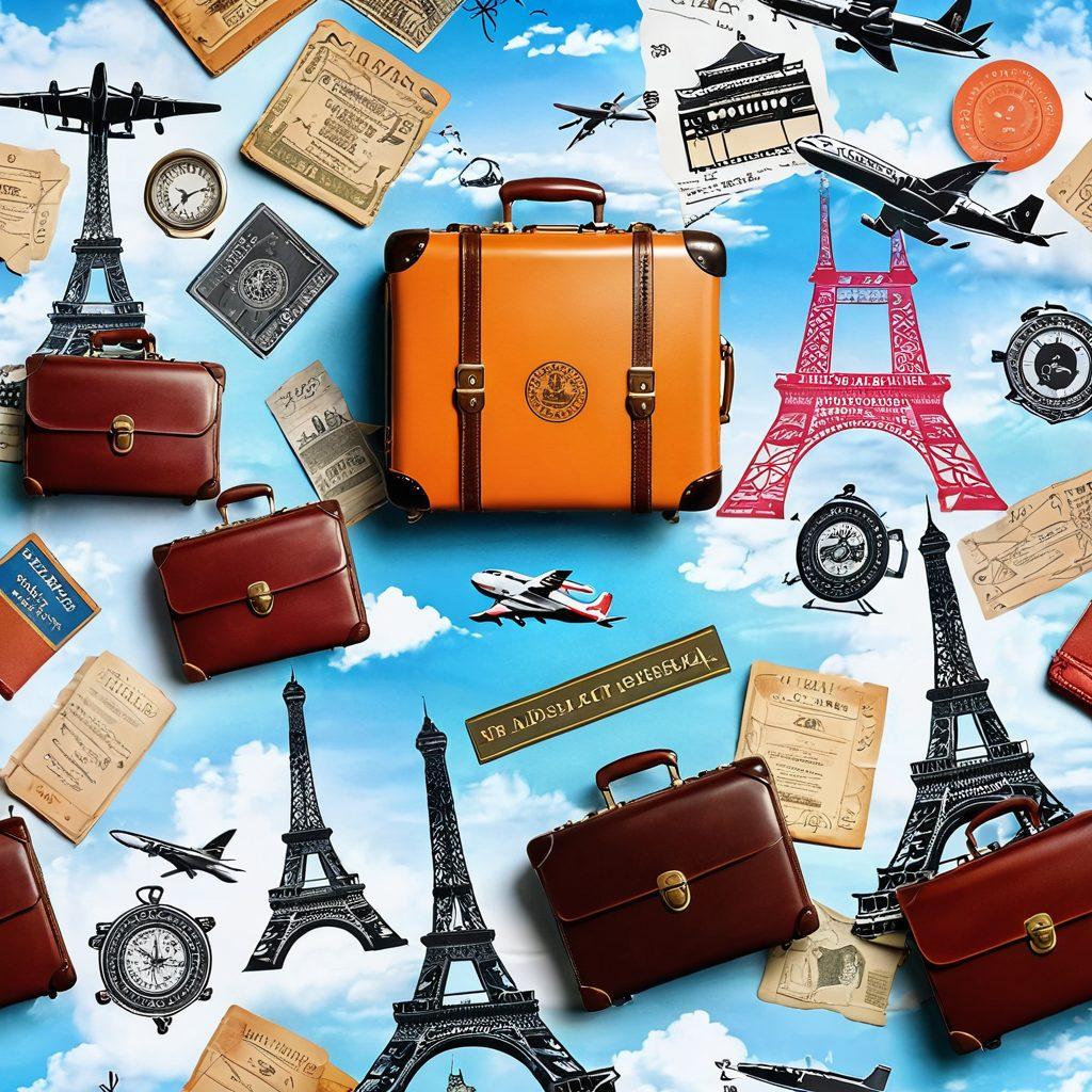 A vibrant collage of travel essentials such as a passport, a globe, and iconic landmarks like the Eiffel Tower and the Great Wall of China, surrounded by adventurous elements like a vintage suitcase and a compass. The background features a dreamy sky with airplanes flying, symbolizing exploration. The colors should be lively and inviting, inspiring wanderlust. super-realistic. vibrant colors. white background.