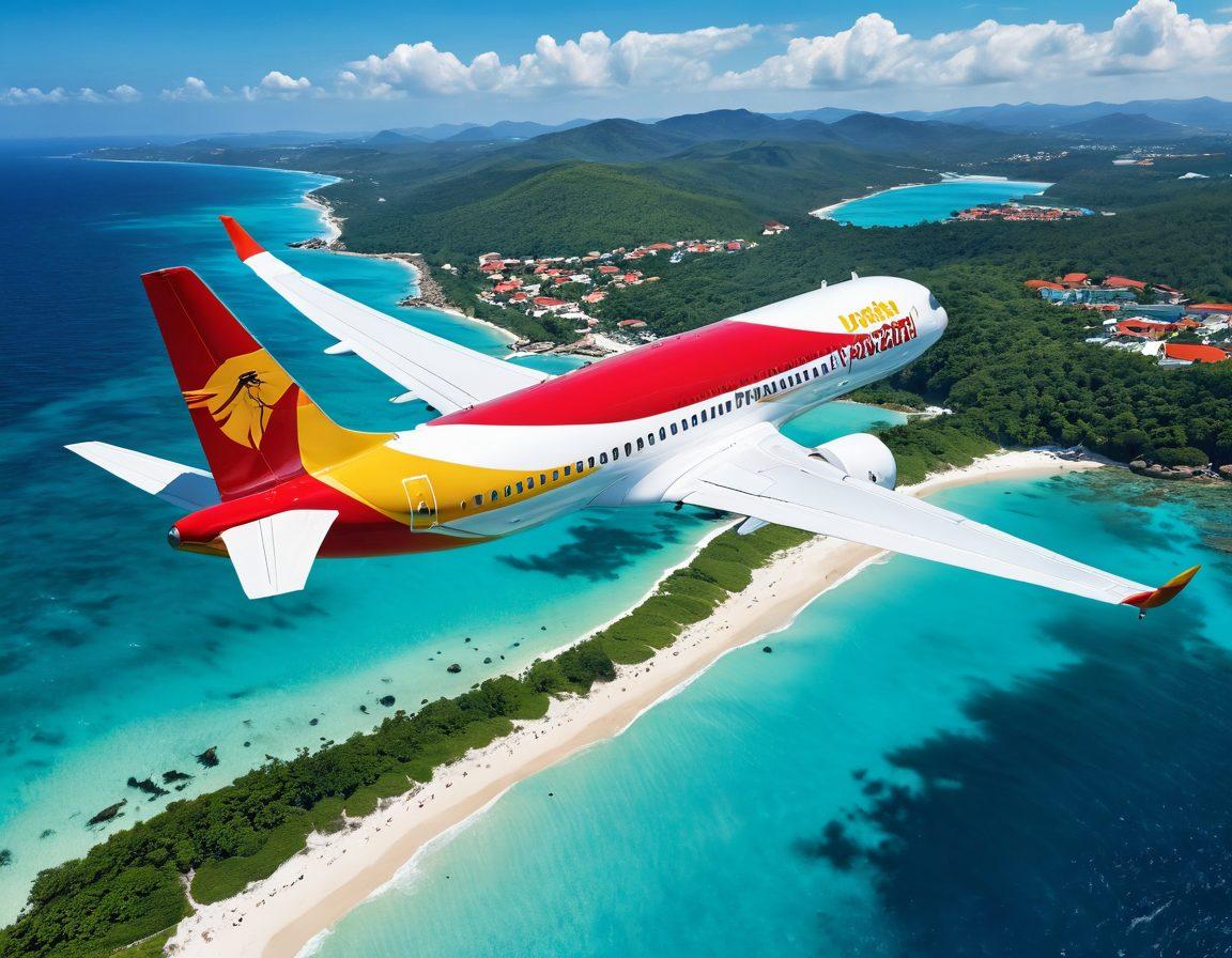A breathtaking aerial view of a tropical paradise with crystal-clear turquoise waters, white sandy beaches, and lush green landscapes. Incorporate Pegasus Airlines' vibrant red and yellow logo on a beautiful plane soaring above the scenery. Include happy travelers enjoying the sun, with travel essentials around like beach umbrellas and bags. Infuse a sense of adventure and relaxation, showcasing the essence of dream vacations. super-realistic. vibrant colors. 3D.