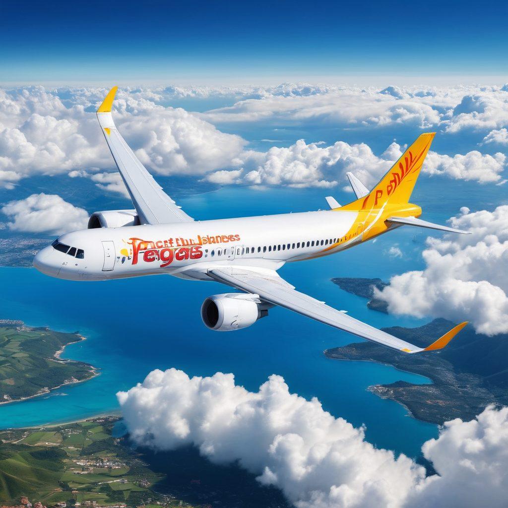 A vibrant aerial view of a Pegasus Airlines airplane soaring through a bright blue sky dotted with fluffy white clouds, symbolizing affordable air travel. Below, a picturesque landscape shows iconic landmarks from various vacation destinations, like sunny beaches, historical sites, and lush mountains, representing unforgettable experiences. The image should evoke a sense of wanderlust and excitement for travel. super-realistic. vibrant colors. 3D.